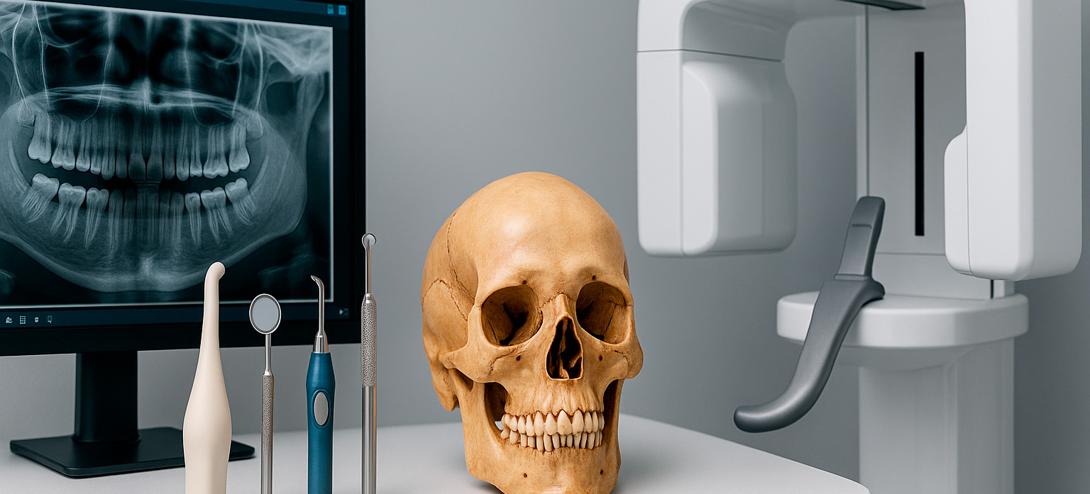 Paciente en sala de radiografía panorámica dental 3DRay